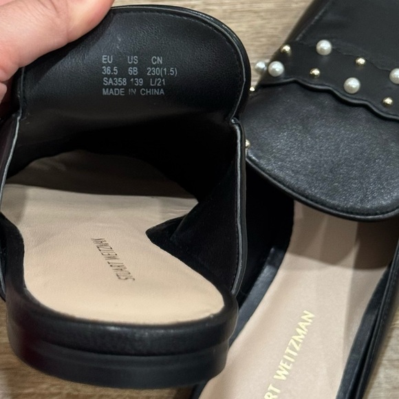 Stuart Weitzman Black Pearl Embellished Mules Leather Size 6 - Picture 7 of 8